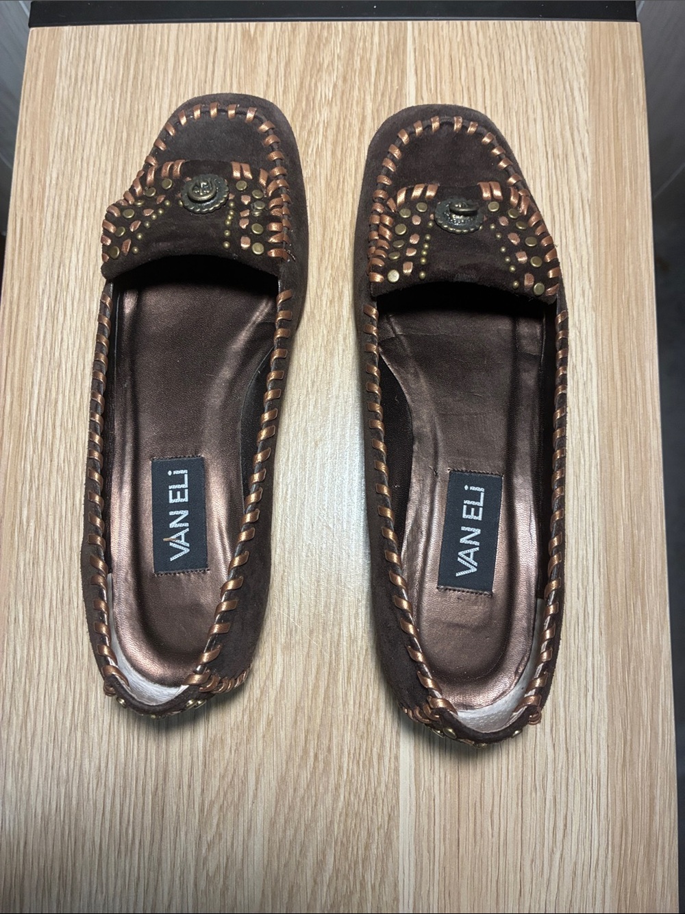 Van Eli Brown Suede Studded Moccasins